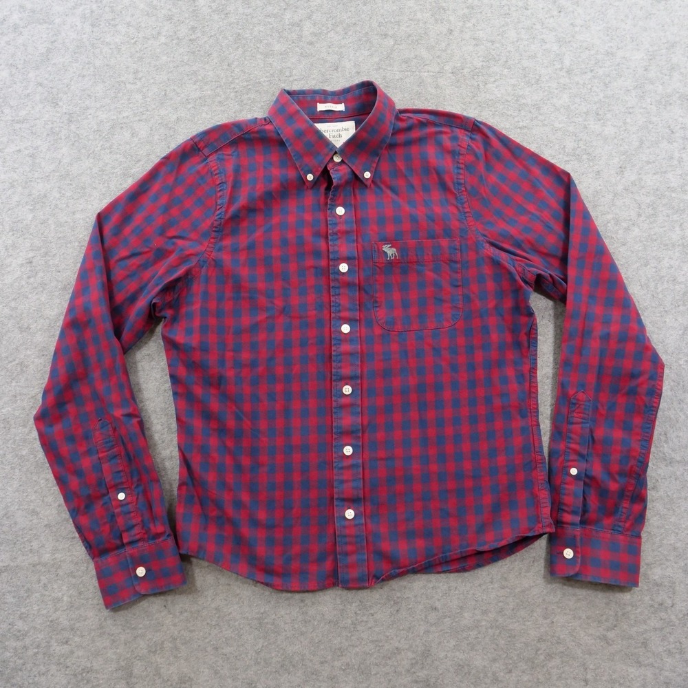 Abercrombie Fitch Shirt Mens Large Red Blue Plaid Button Up Muscle Fit Gingham